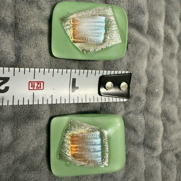 Mint Green Fused Glass Earrings – Handmade Iridescent Post-Back Jewelry - Picture 11 of 17